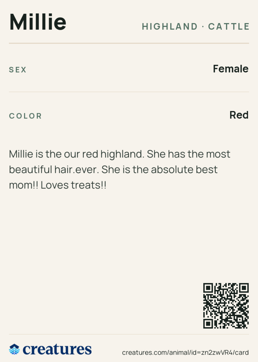 Millie Creature Card back