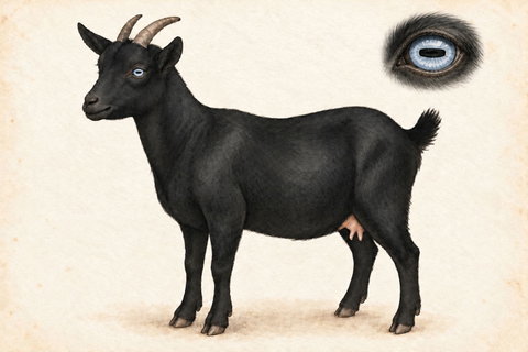 Illustration of a Nigerian Dwarf doe: black coat and pale blue eye, with an enlarged blue-eye inset showing a horizontal black pupil.