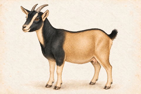 Illustration of a buckskin Swiss Nigerian Dwarf doe: black head/neck/shoulder cape, narrow dorsal and tail top; cream Swiss face trim, tan body and belly, all four lower legs pale.
