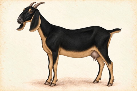 Illustration of a Nubian doe with black and tan coloring.