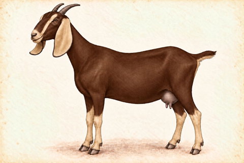 Illustration of a Nubian doe with brown swiss coloring.