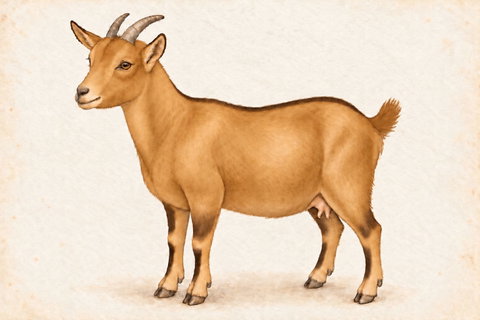 Illustration of a chocolate cou clair buckskin Nigerian Dwarf doe: golden-tan face, neck, body, belly and tail; brown dorsal stripe, ear edges and front leg markings with tan joint breaks.
