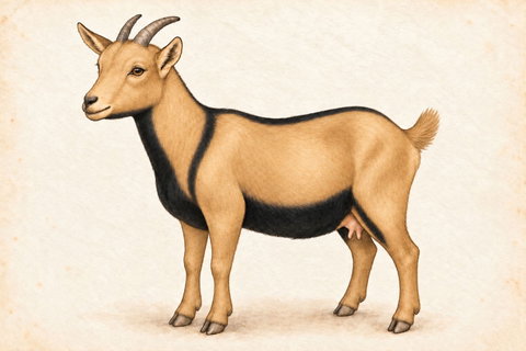 Illustration of a chamoisee swiss Nigerian Dwarf doe: tan face, torso and lower legs with black throat, shoulder stripe, dorsal stripe and continuous belly.