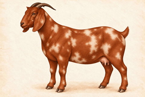 Illustration of a Boer doe: a red-brown base with irregular pale dapples of varied sizes, long pendulous ears, Roman nose and natural horns.