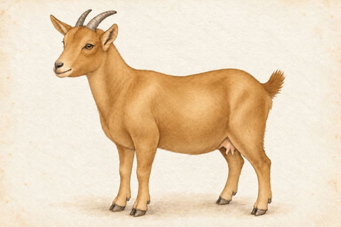 Illustration of a gold Nigerian Dwarf doe: golden tan across the body, head, belly and legs.