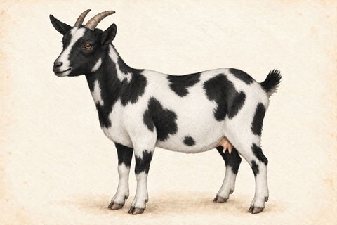 Illustration of a Nigerian Dwarf doe: mostly white coat with irregular black patches on the head, neck and body.