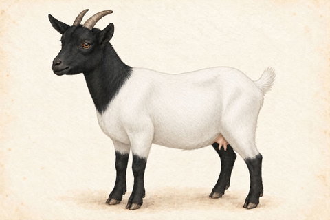 Illustration of a Nigerian Dwarf doe: white body and tail with a black head, upper neck and lower legs.